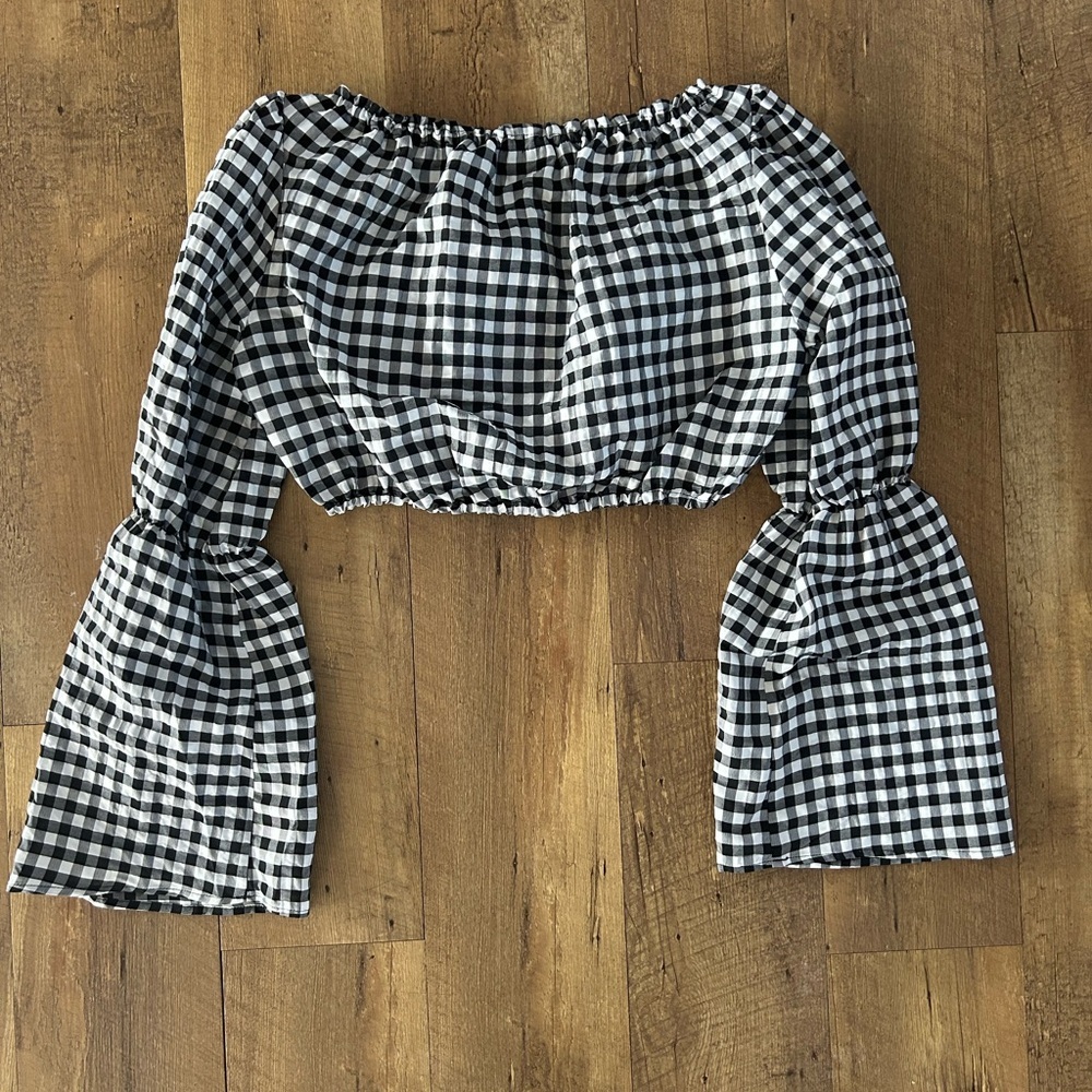 Topshop Gingham Smocked Crop Top NWT Puff Sleeve Black White Size 2 - Picture 7 of 9